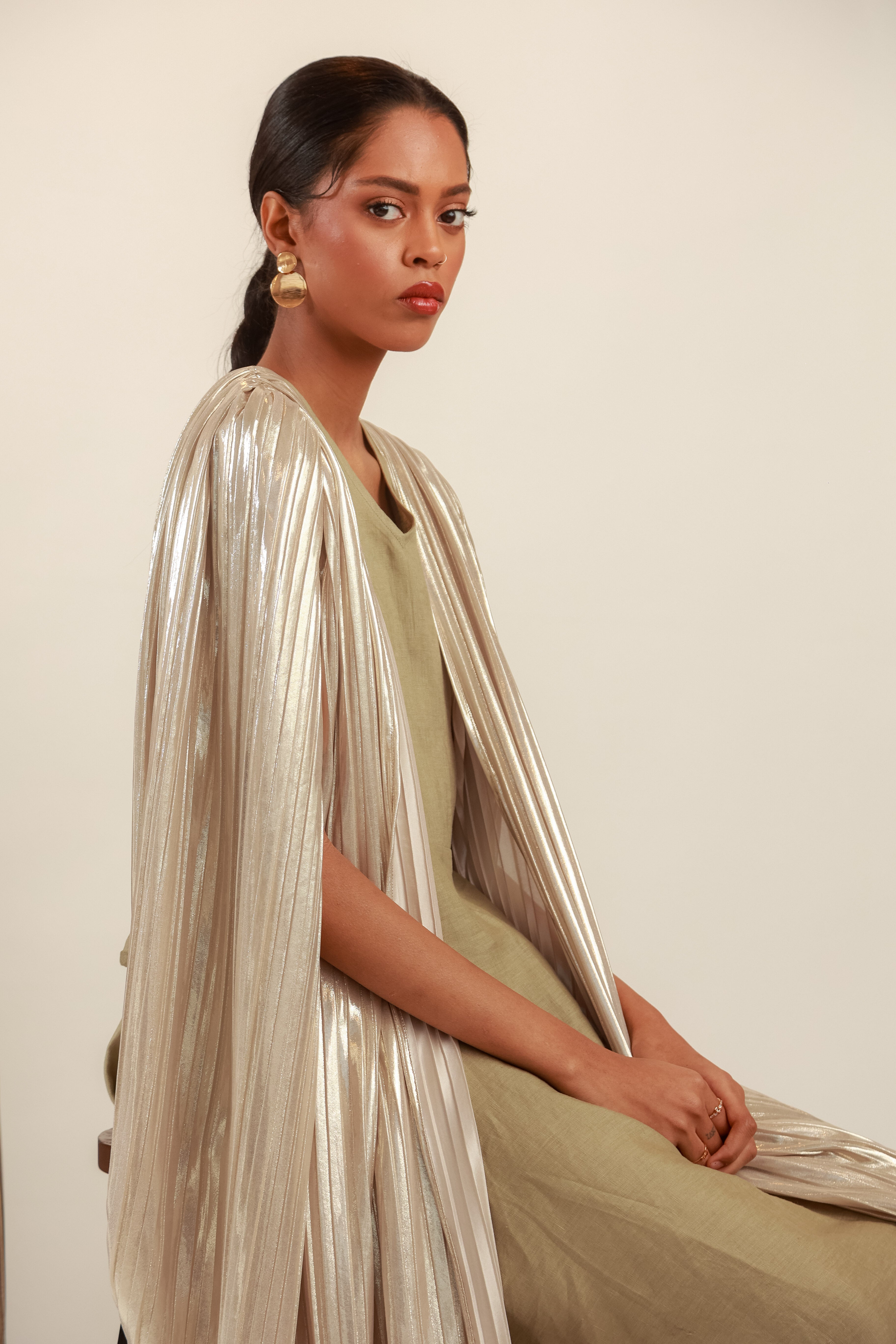 Pleated Gold Cape Dress